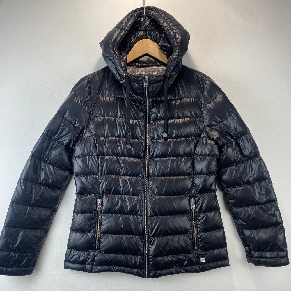 Andrew Marc Packable Lightweight Down Puffer Jacket Women Size S Black Hooded